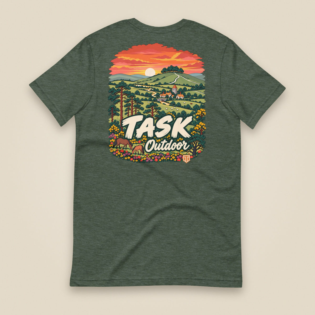 Hampshire Sunset Back Print Unisex T-Shirt in Heather Forest, back view