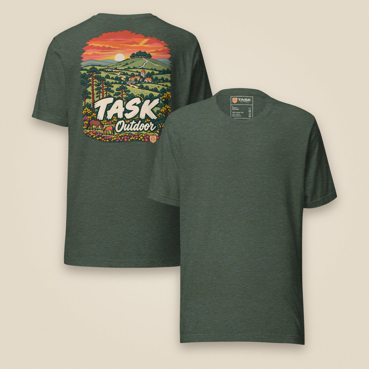 Hampshire Sunset Back Print Unisex T-Shirt in Heather Forest, front and back view