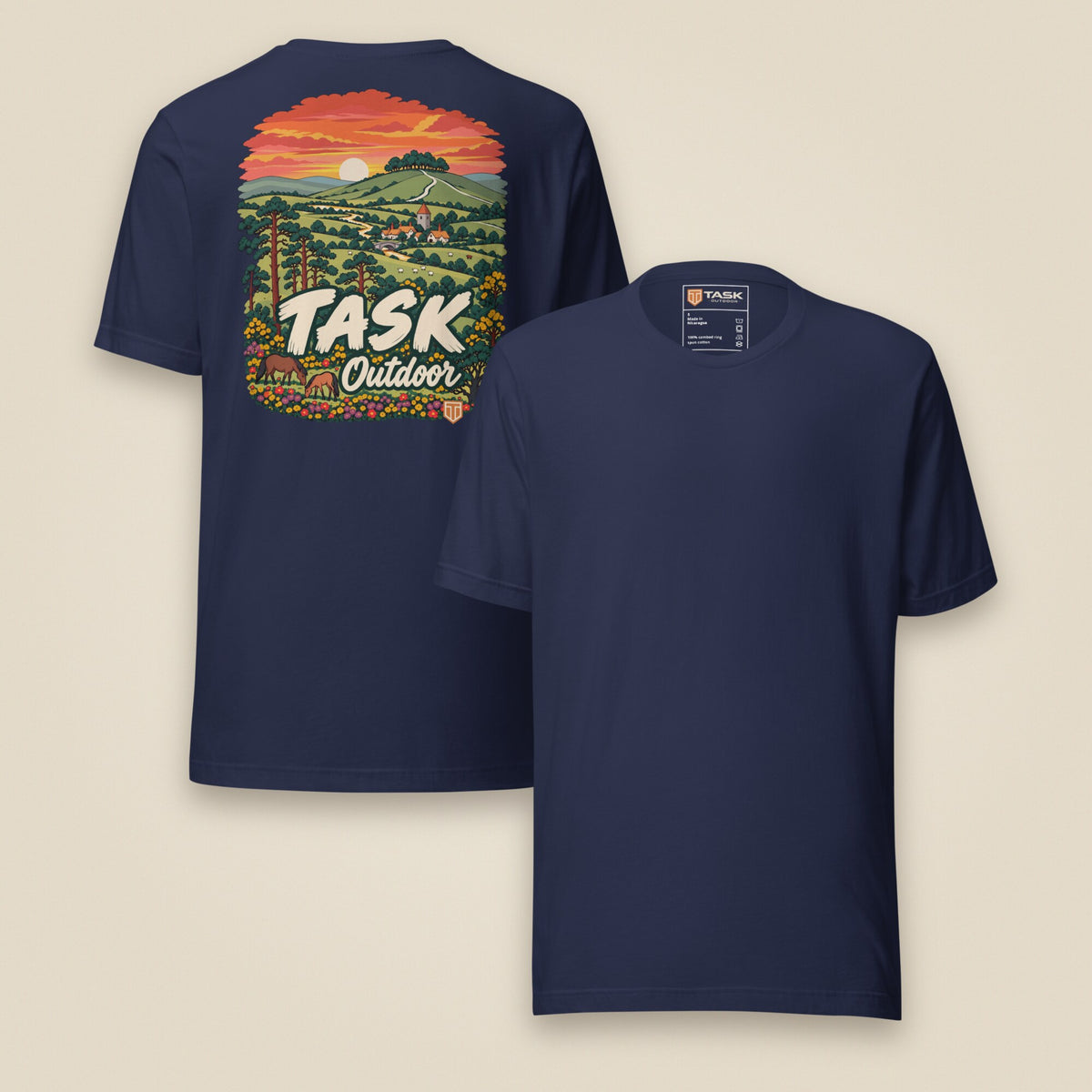 Hampshire Sunset Back Print Unisex T-Shirt in Navy, front and back view