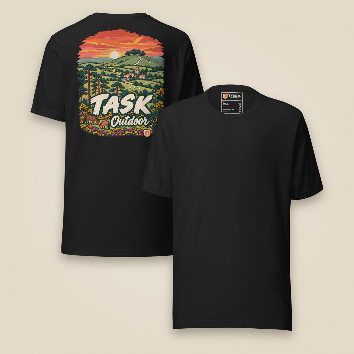 Hampshire Sunset Back Print Unisex T-Shirt in Vintage Black, front and back view