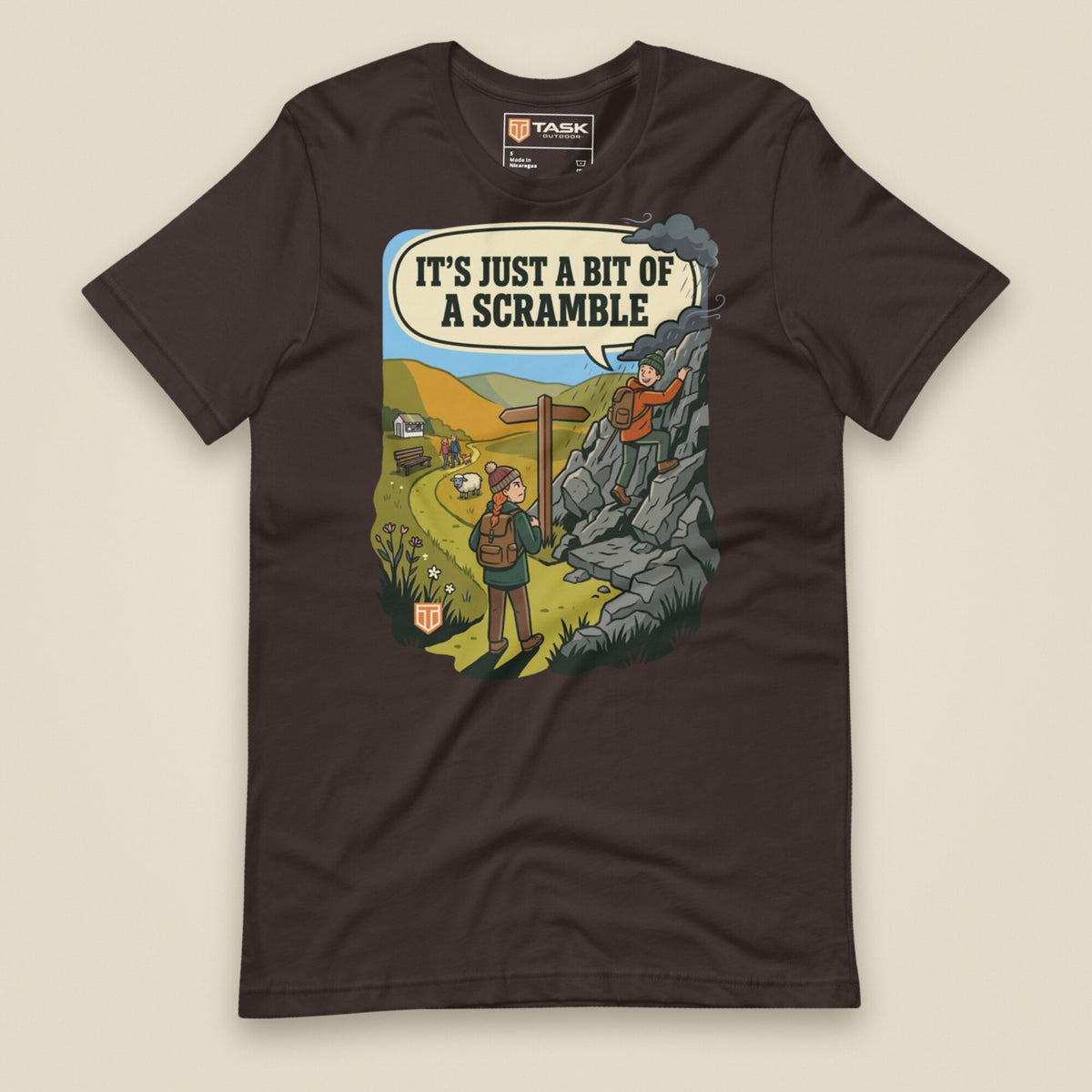 It's Just a Bit of a Scramble Unisex T-Shirt in Brown, front view