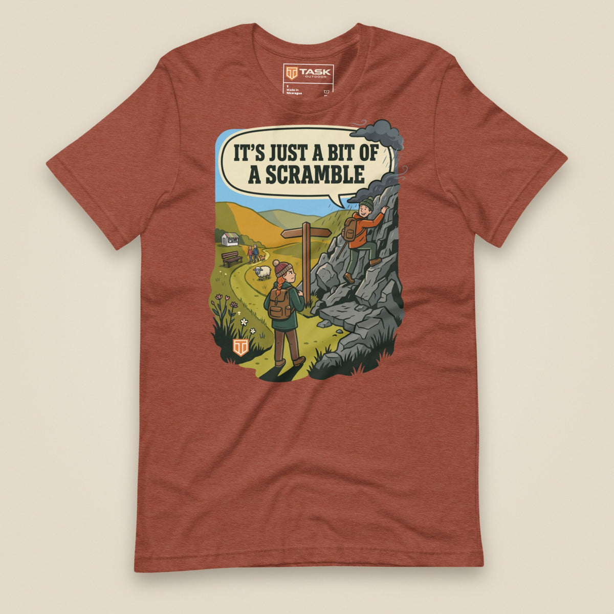 It's Just a Bit of a Scramble Unisex T-Shirt in Heather Clay, front view