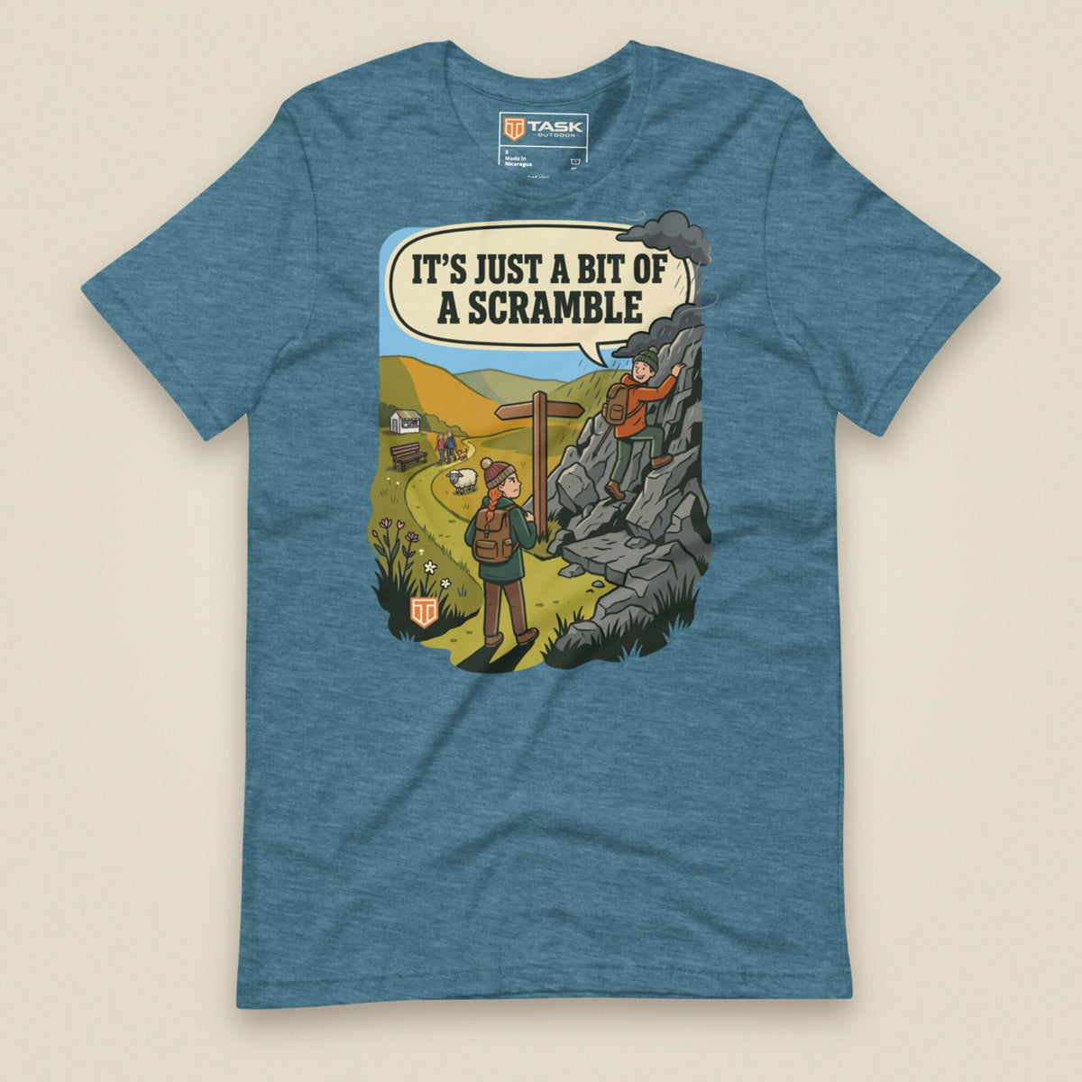 It's Just a Bit of a Scramble Unisex T-Shirt in Heather Deep Teal, front view