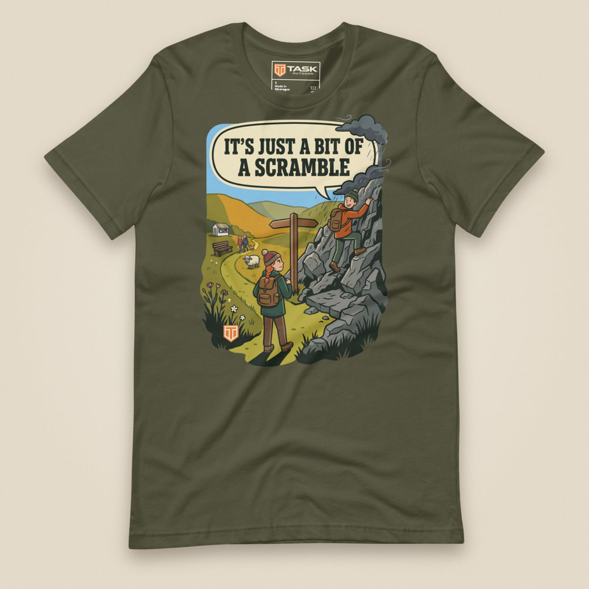 It's Just a Bit of a Scramble Unisex T-Shirt in Military Green, front view