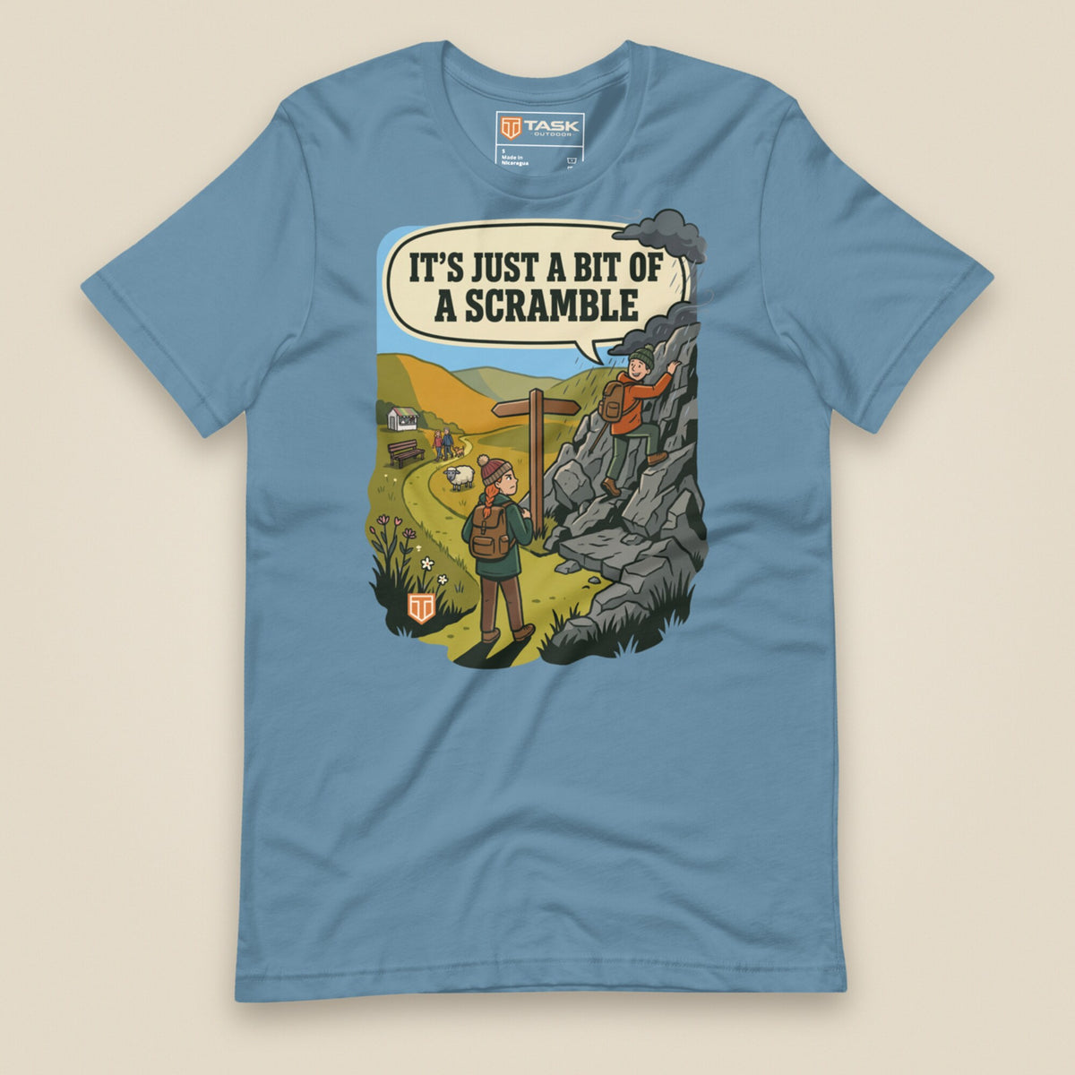 It's Just a Bit of a Scramble Unisex T-Shirt in Steel Blue, front view