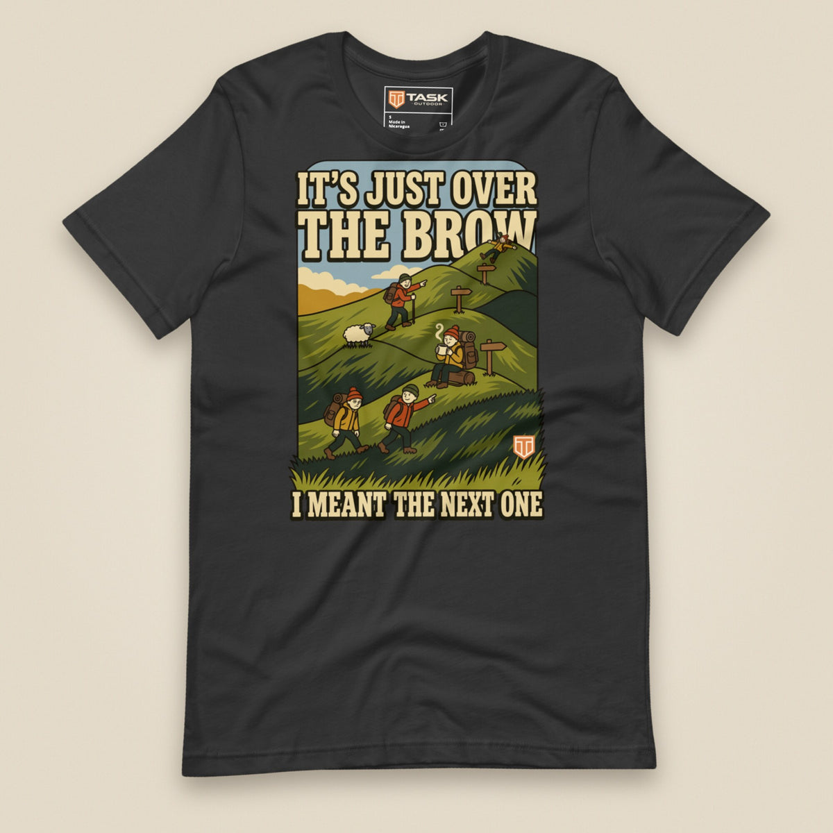 It's Just Over the Brow T-Shirt in Dark Grey, laid flat, front view