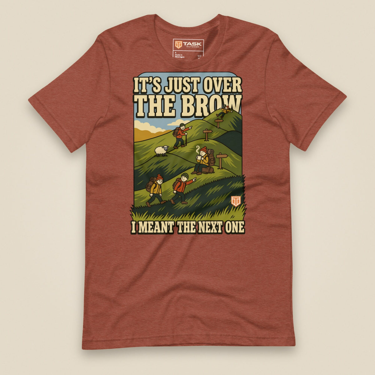 It's Just Over the Brow T-Shirt in Heather Clay, laid flat, front view