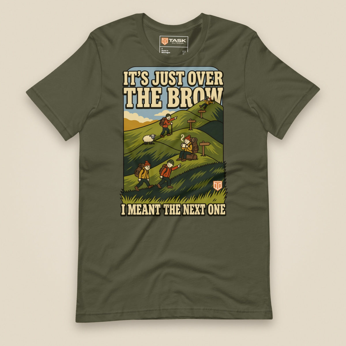 It's Just Over the Brow T-Shirt in Military Green, laid flat, front view