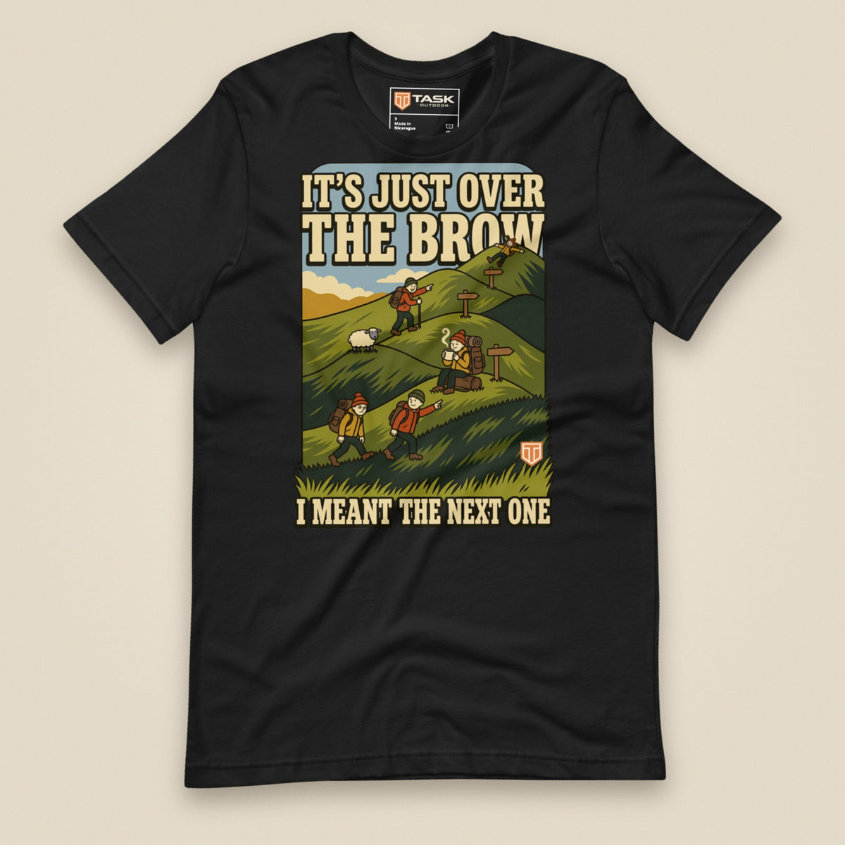 It's Just Over the Brow T-Shirt in Vintage Black, laid flat, front view