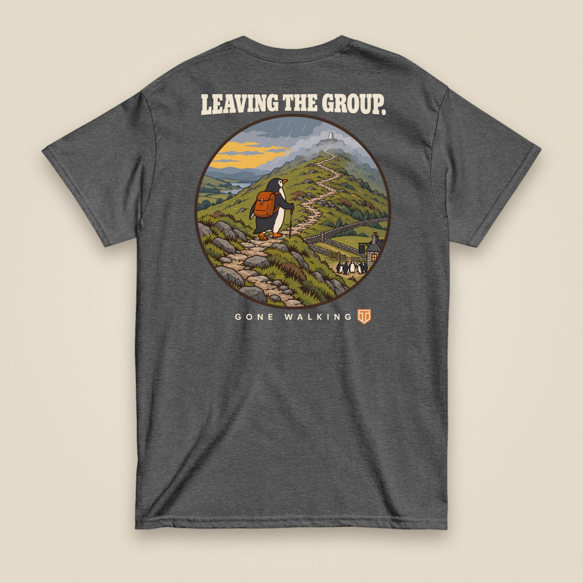 Leaving The Group Double Sided T-Shirt in Dark Heather, back view
