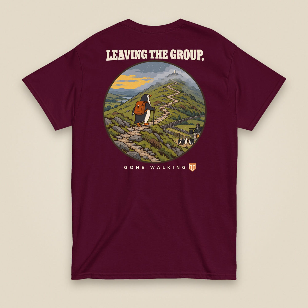 Leaving The Group Double Sided T-Shirt in Maroon, back view