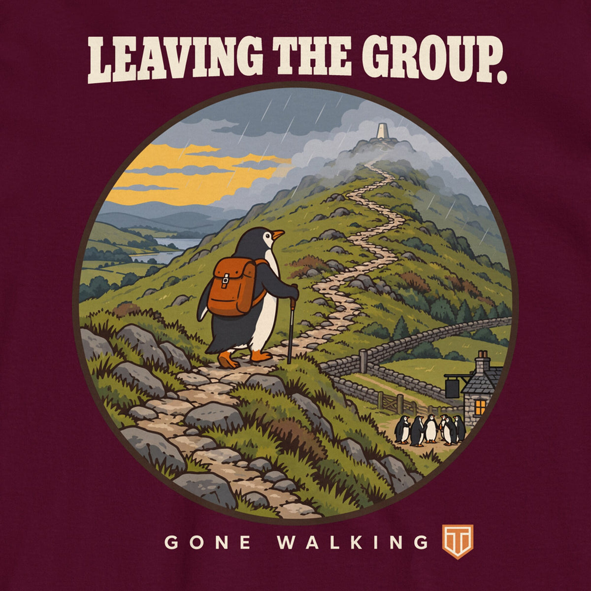 Leaving The Group Double Sided T-Shirt in Maroon, back print close-up