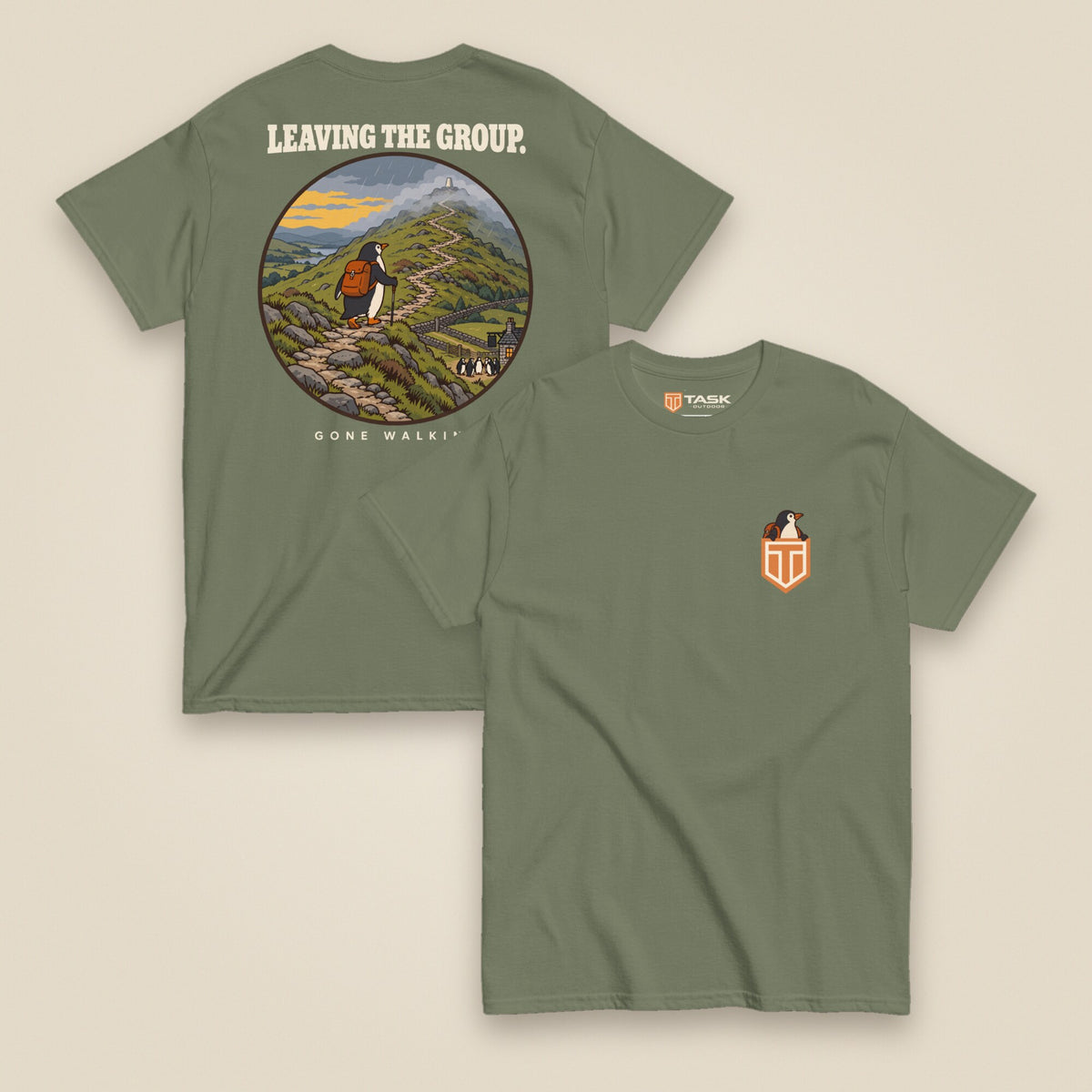 Leaving The Group Double Sided T-Shirt in Military Green, front and back view