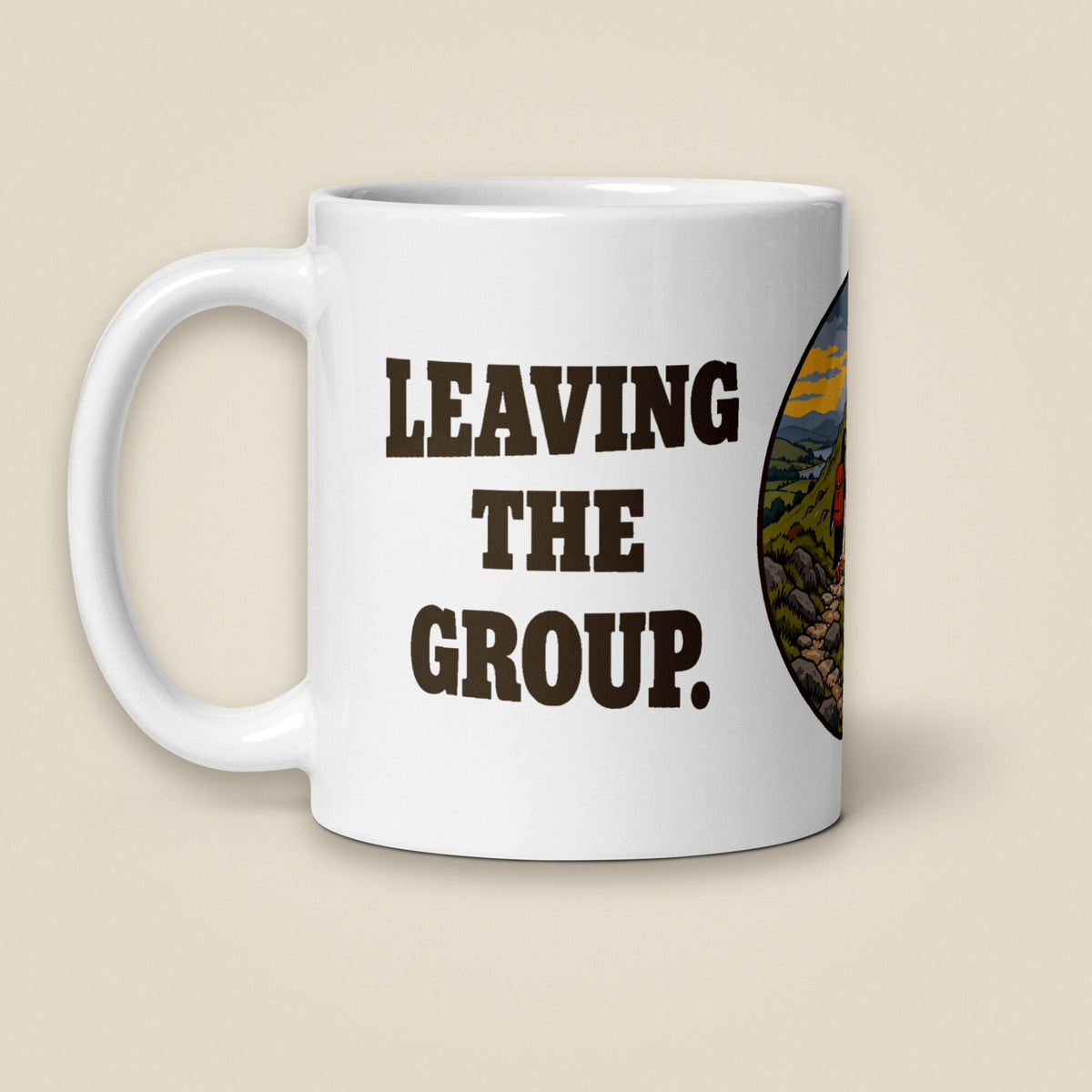 Leaving The Group White Glossy Ceramic Mug in 11 oz, handle on left
