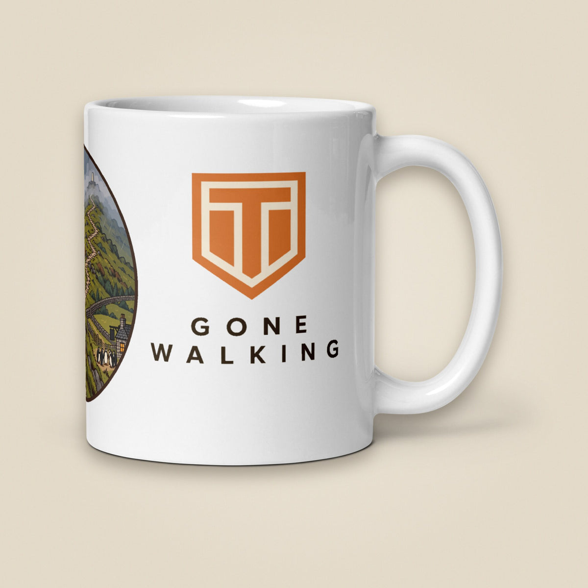 Leaving The Group White Glossy Ceramic Mug in 11 oz, handle on right