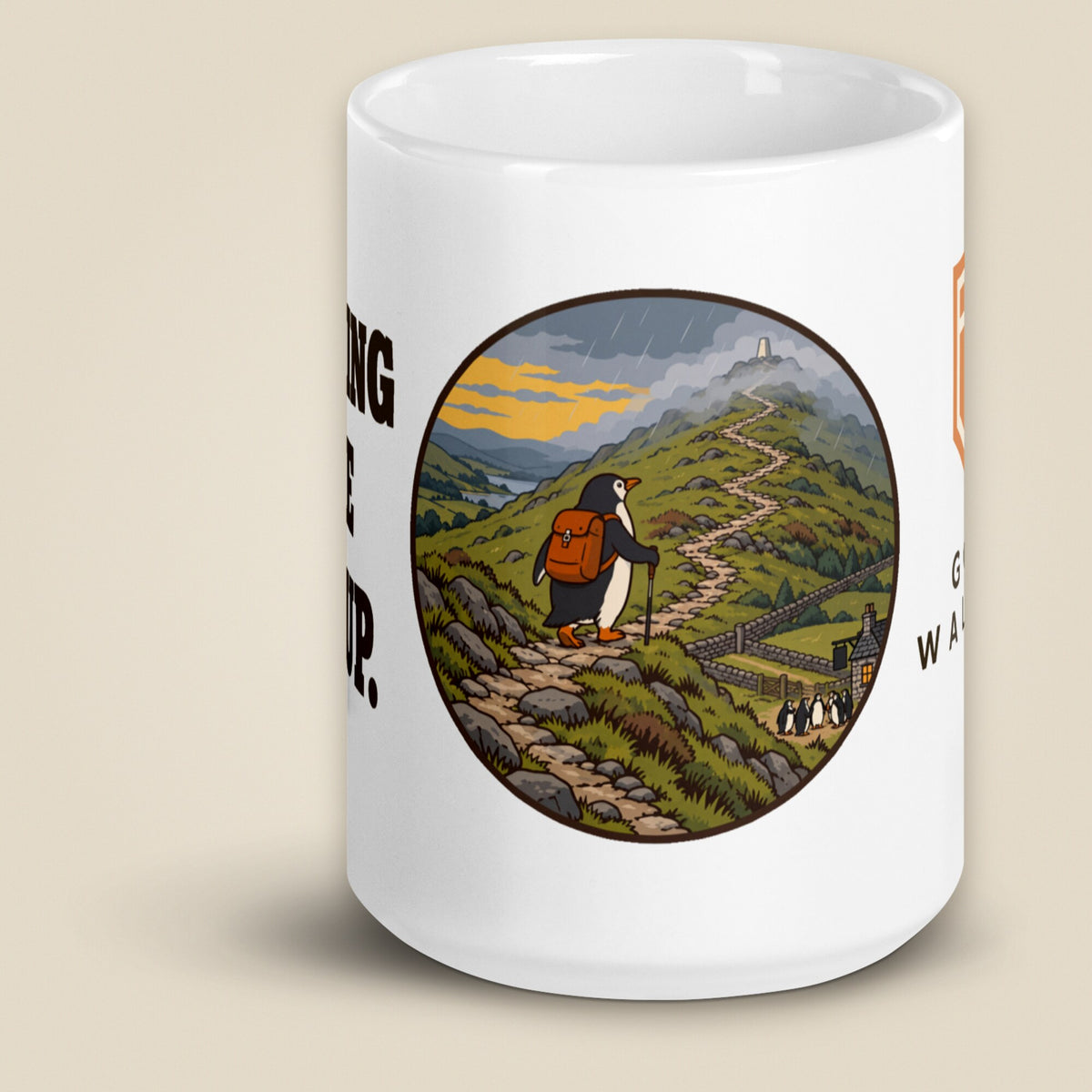 Leaving The Group White Glossy Ceramic Mug in 15 oz, front view