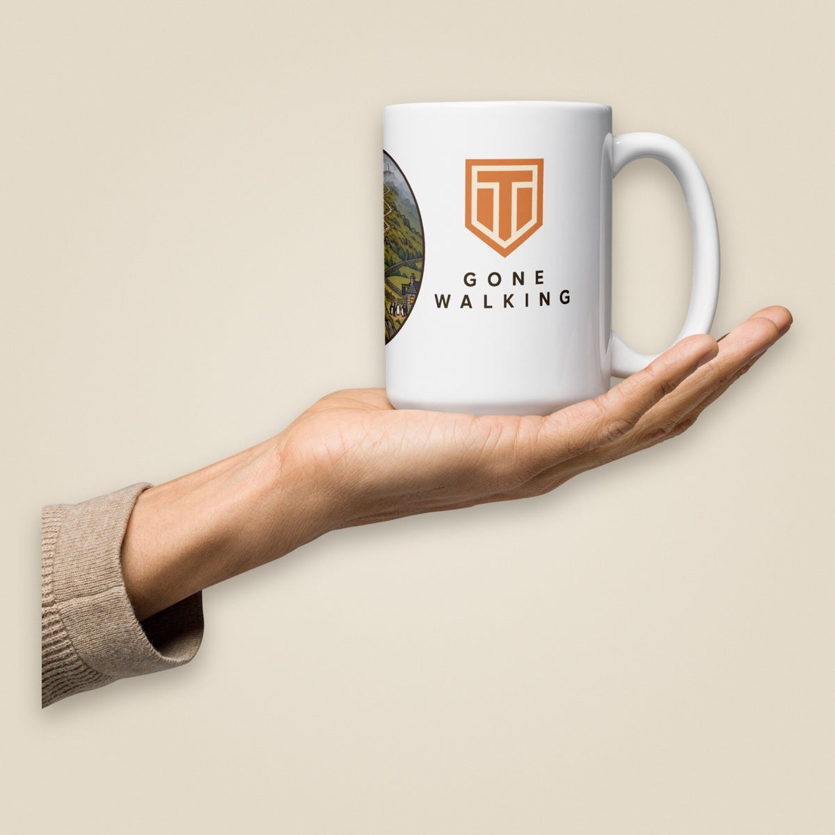 Leaving The Group White Glossy Ceramic Mug in 15 oz, held in hand, handle on right