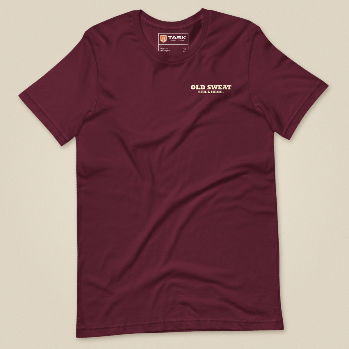 Mind The Old Sweat Men's T-Shirt in Maroon, laid flat, front view