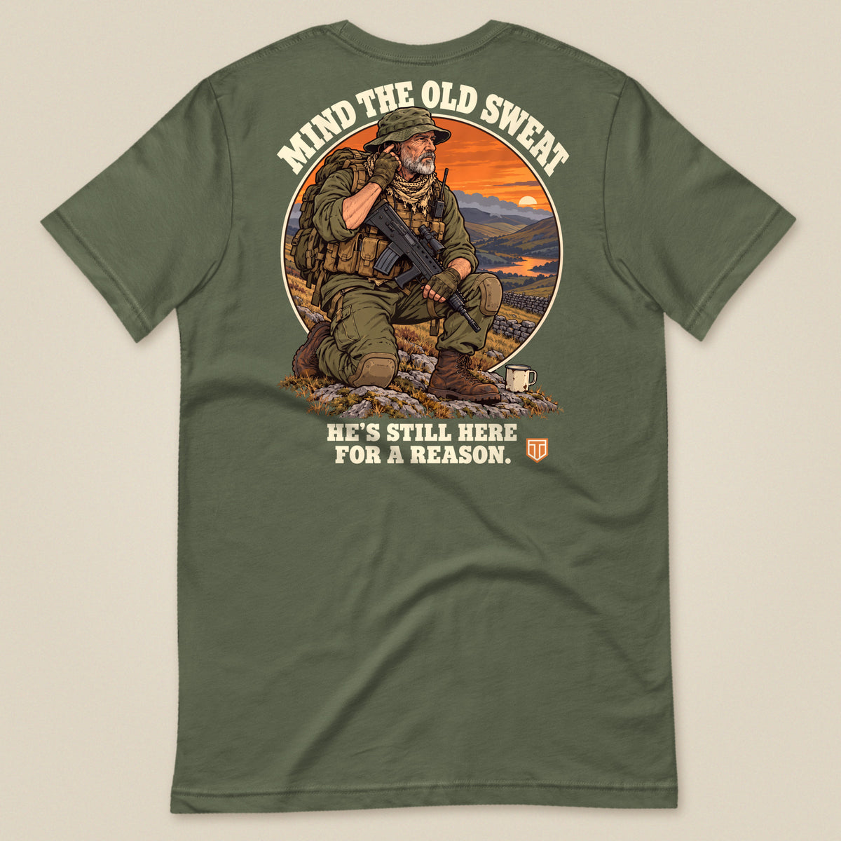 Mind The Old Sweat Men's T-Shirt in Military Green, laid flat, back view