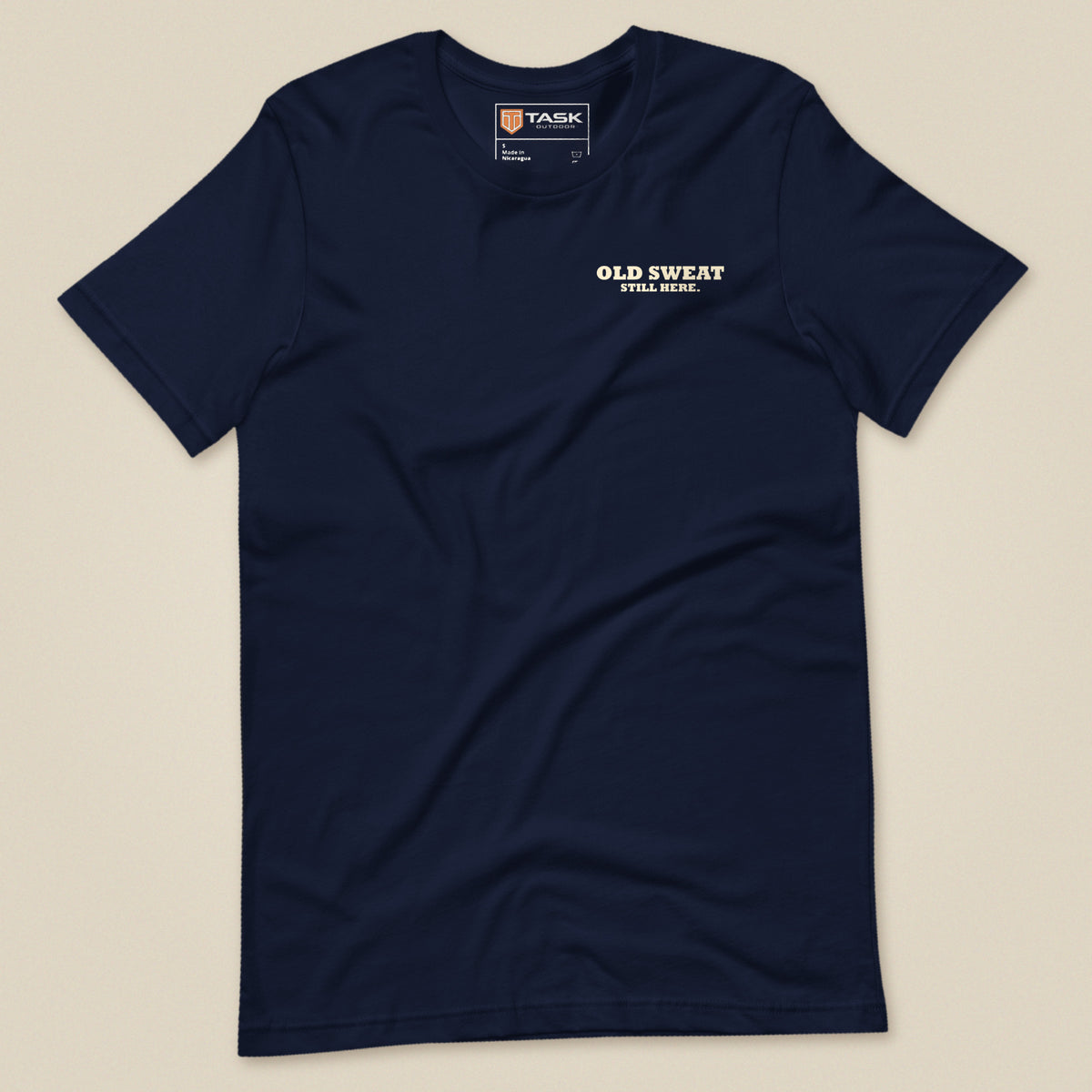 Mind The Old Sweat Men's T-Shirt in Navy, laid flat, front view