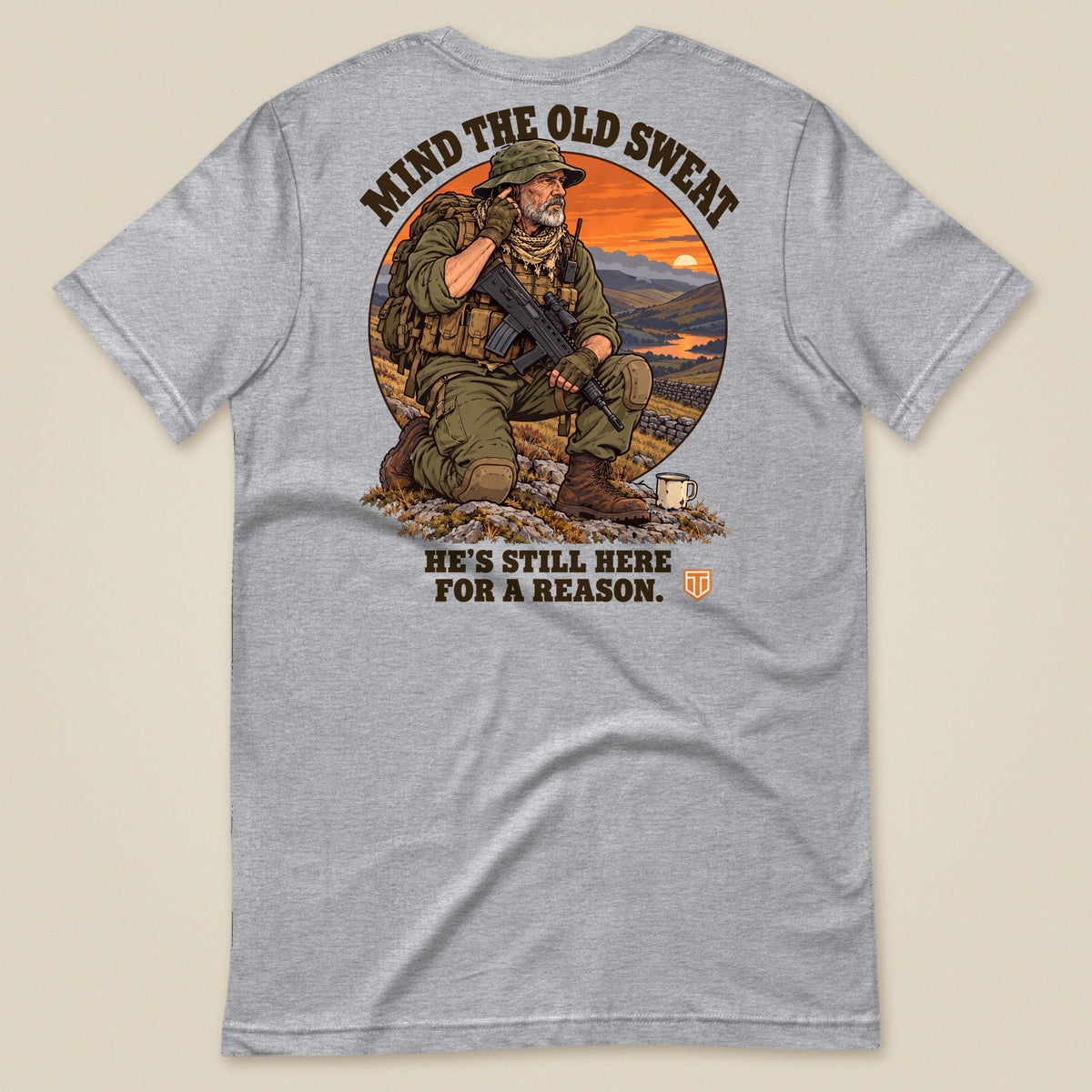 Mind The Old Sweat Men's T-Shirt in Sport Grey, laid flat, back view
