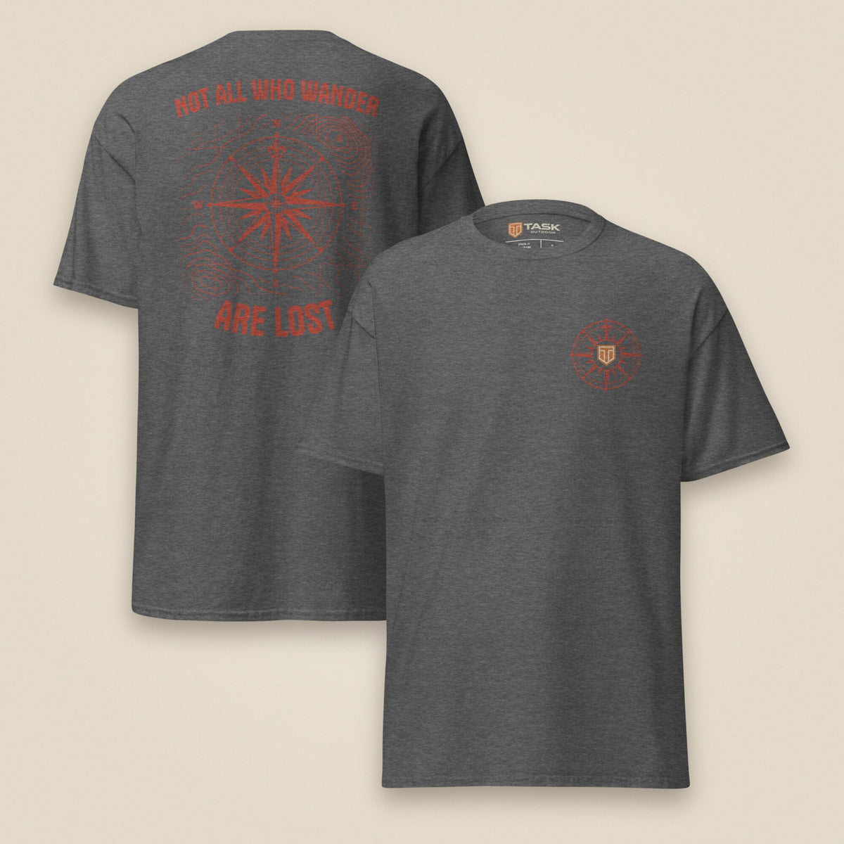 Not All Who Wander Double Sided Unisex T-Shirt in Dark Heather, front and back view