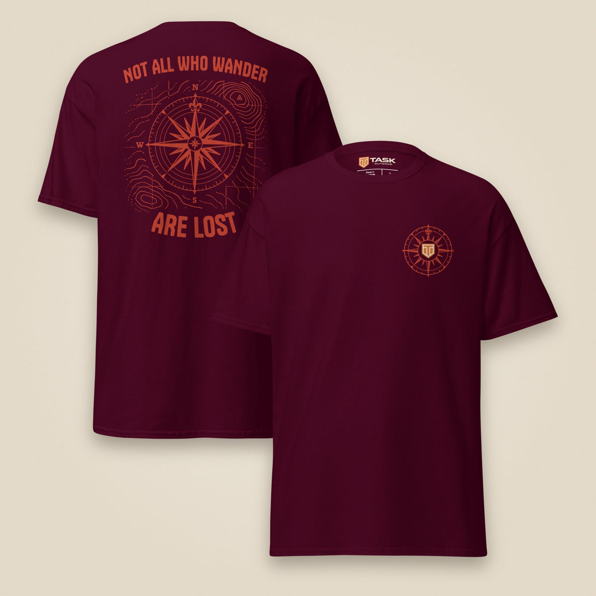 Not All Who Wander Double Sided Unisex T-Shirt in Maroon, front and back view