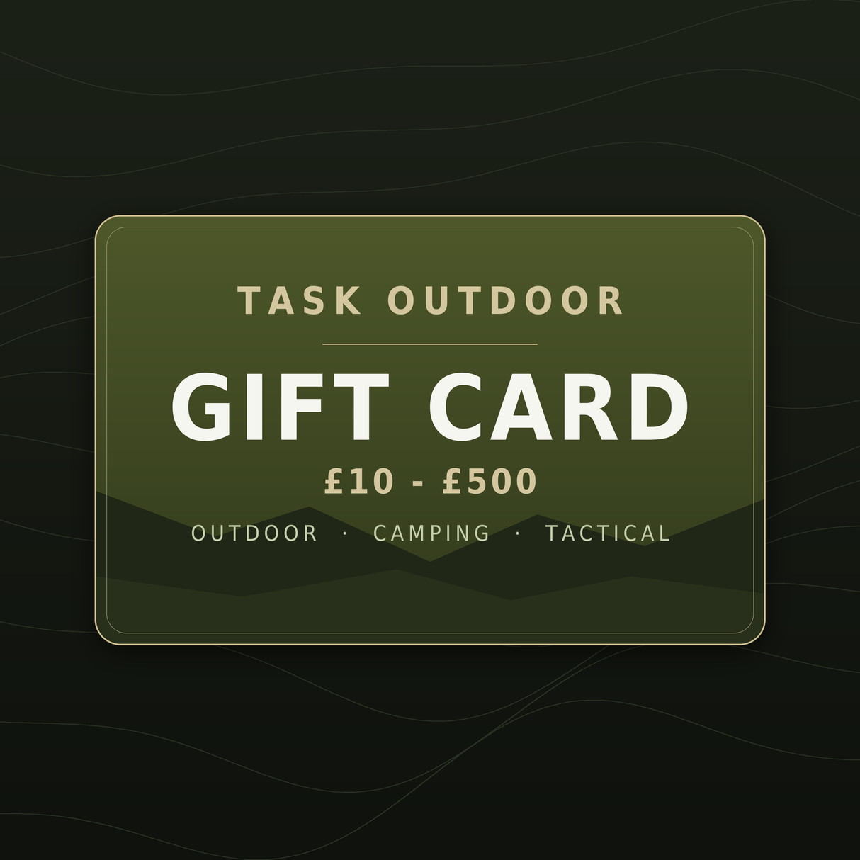Task Outdoor gift card, olive design with mountain motif, values £10 to £500