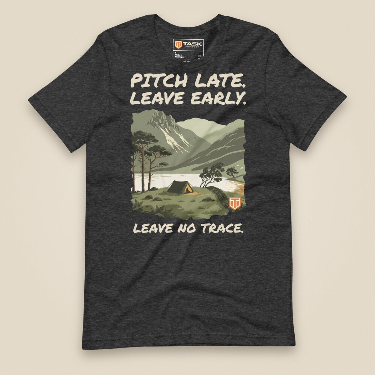 Pitch Late Leave Early T-Shirt in Dark Grey Heather, laid flat, front view