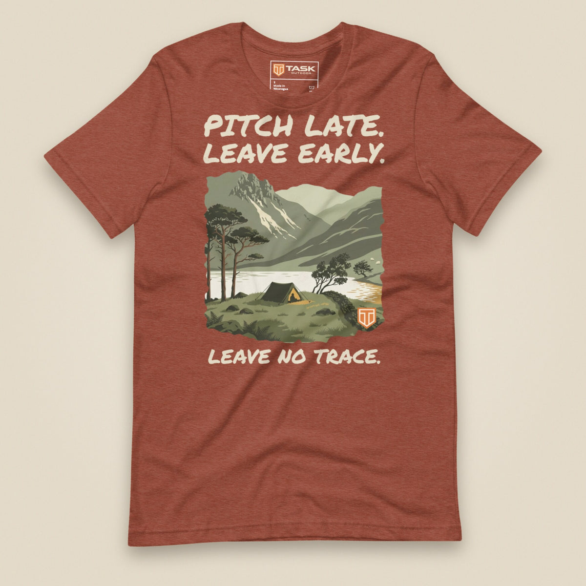 Pitch Late Leave Early T-Shirt in Heather Clay, laid flat, front view