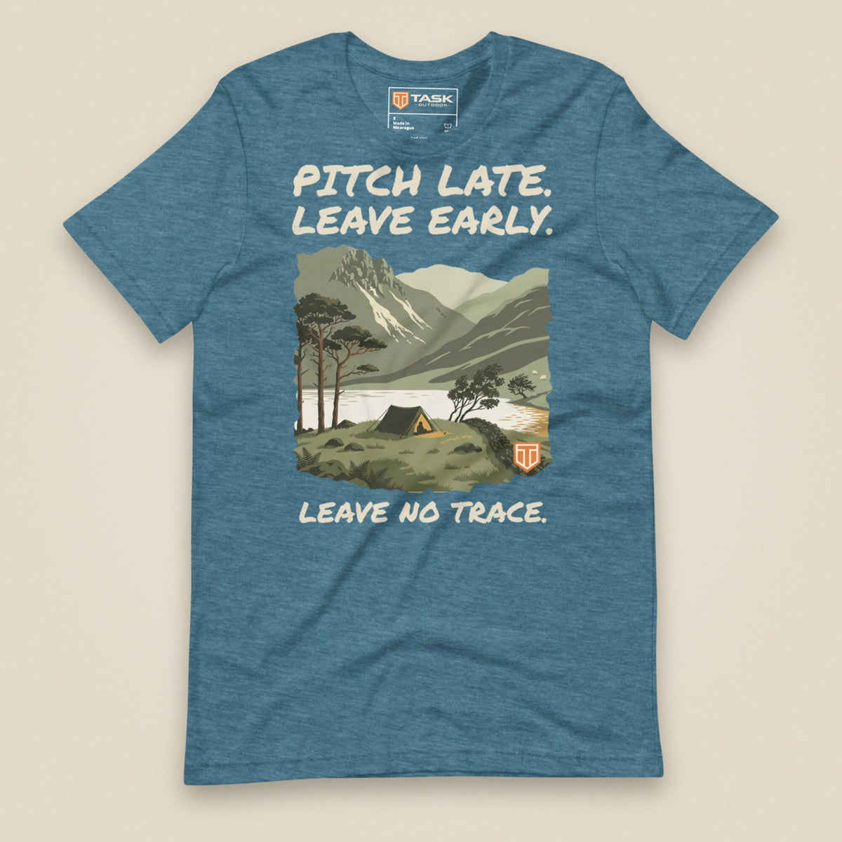 Pitch Late Leave Early T-Shirt in Heather Deep Teal, laid flat, front view