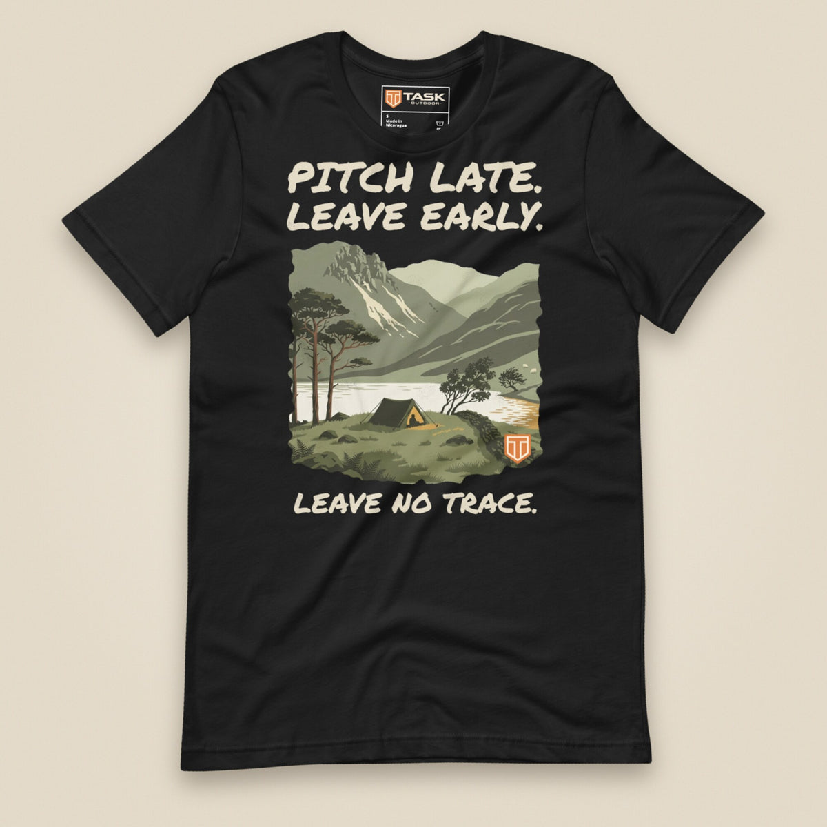 Pitch Late Leave Early T-Shirt in Vintage Black, laid flat, front view