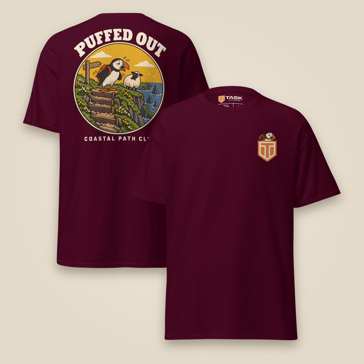Puffed Out Double Sided T-Shirt in Maroon, front and back view