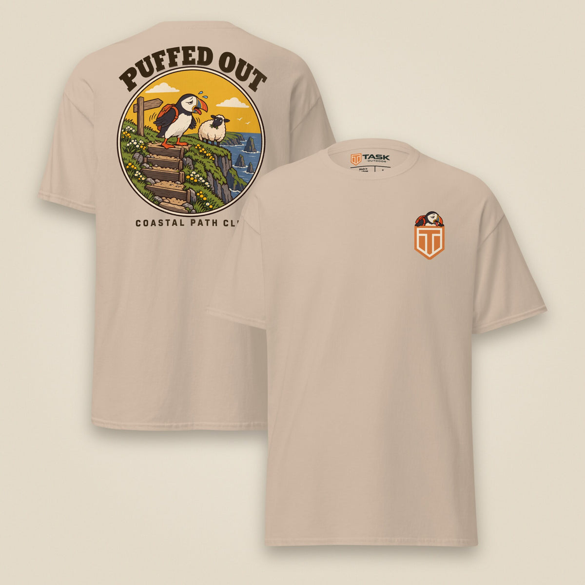Puffed Out Double Sided T-Shirt in Sand, front and back view