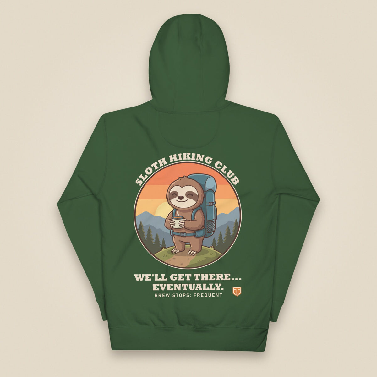 Sloth Hiking Club: Hilltop Hoodie in Forest Green, back view