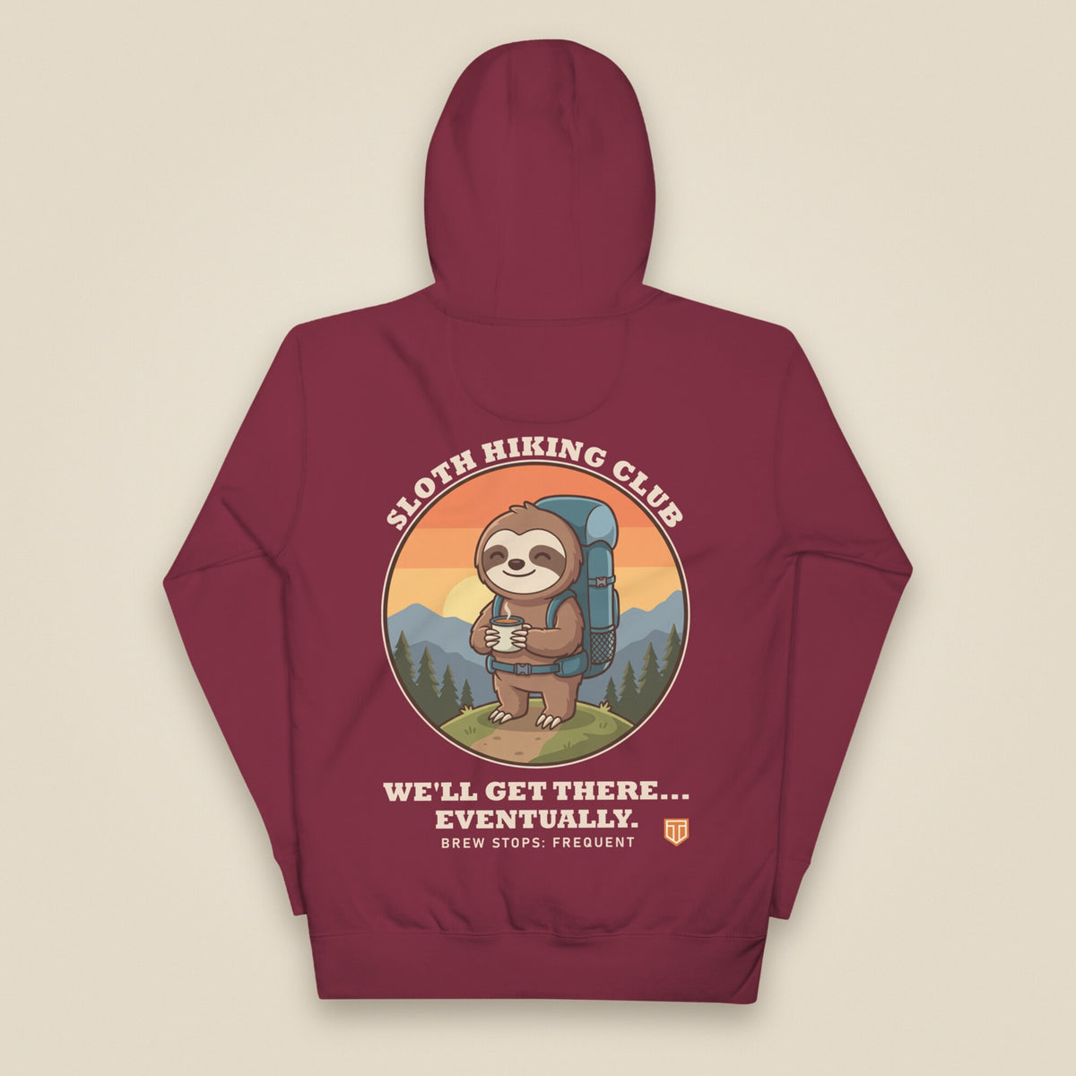 Sloth Hiking Club: Hilltop Hoodie in Maroon, back view