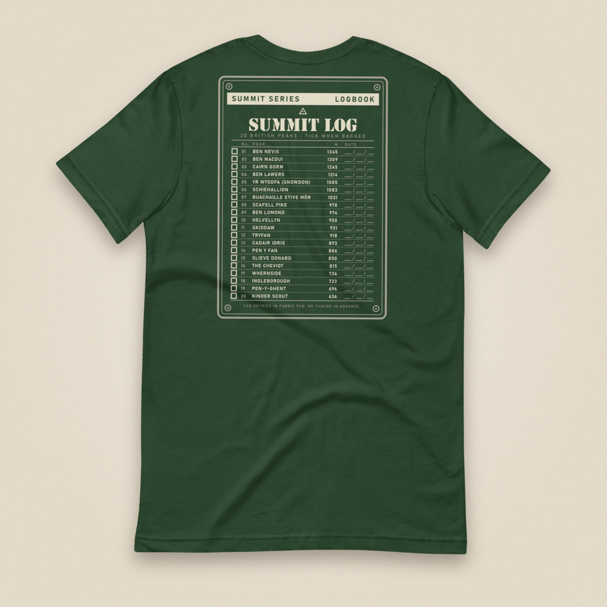 Summit Log 20 Peak Bagging Premium Double Sided T-Shirt in Forest, back view