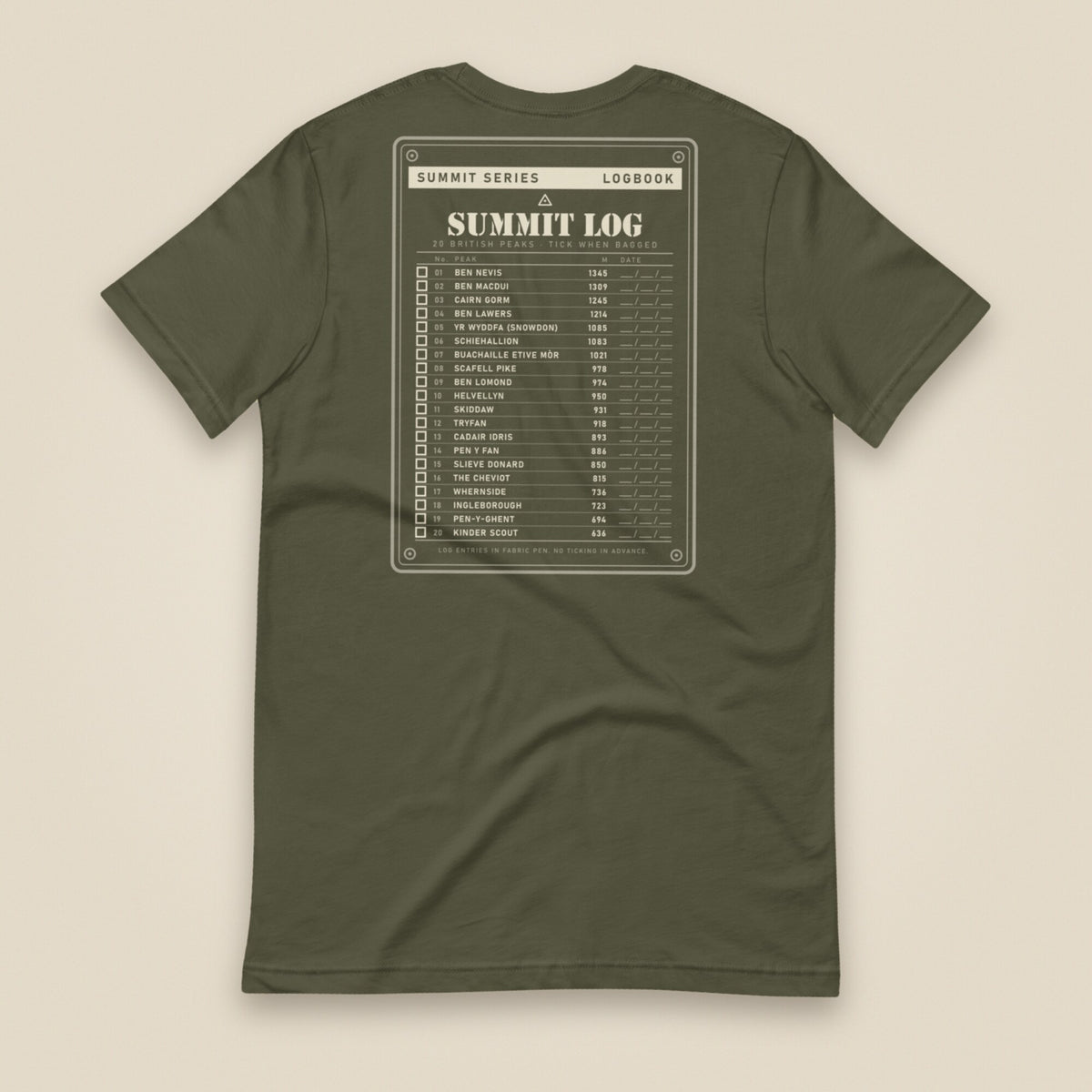 Summit Log 20 Peak Bagging Premium Double Sided T-Shirt in Military Green, back view