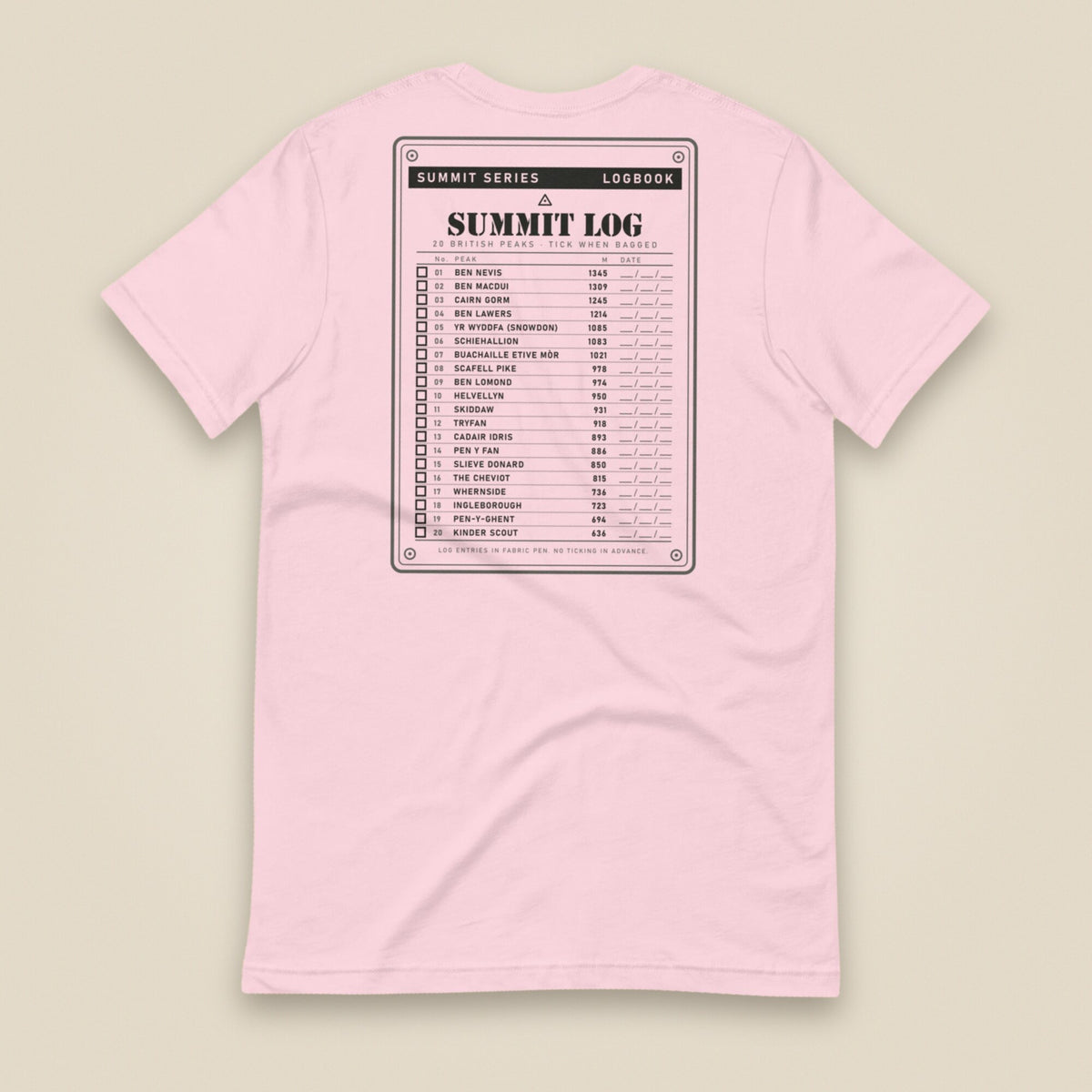 Summit Log 20 Peak Bagging Premium Double Sided T-Shirt in Soft Pink, back view