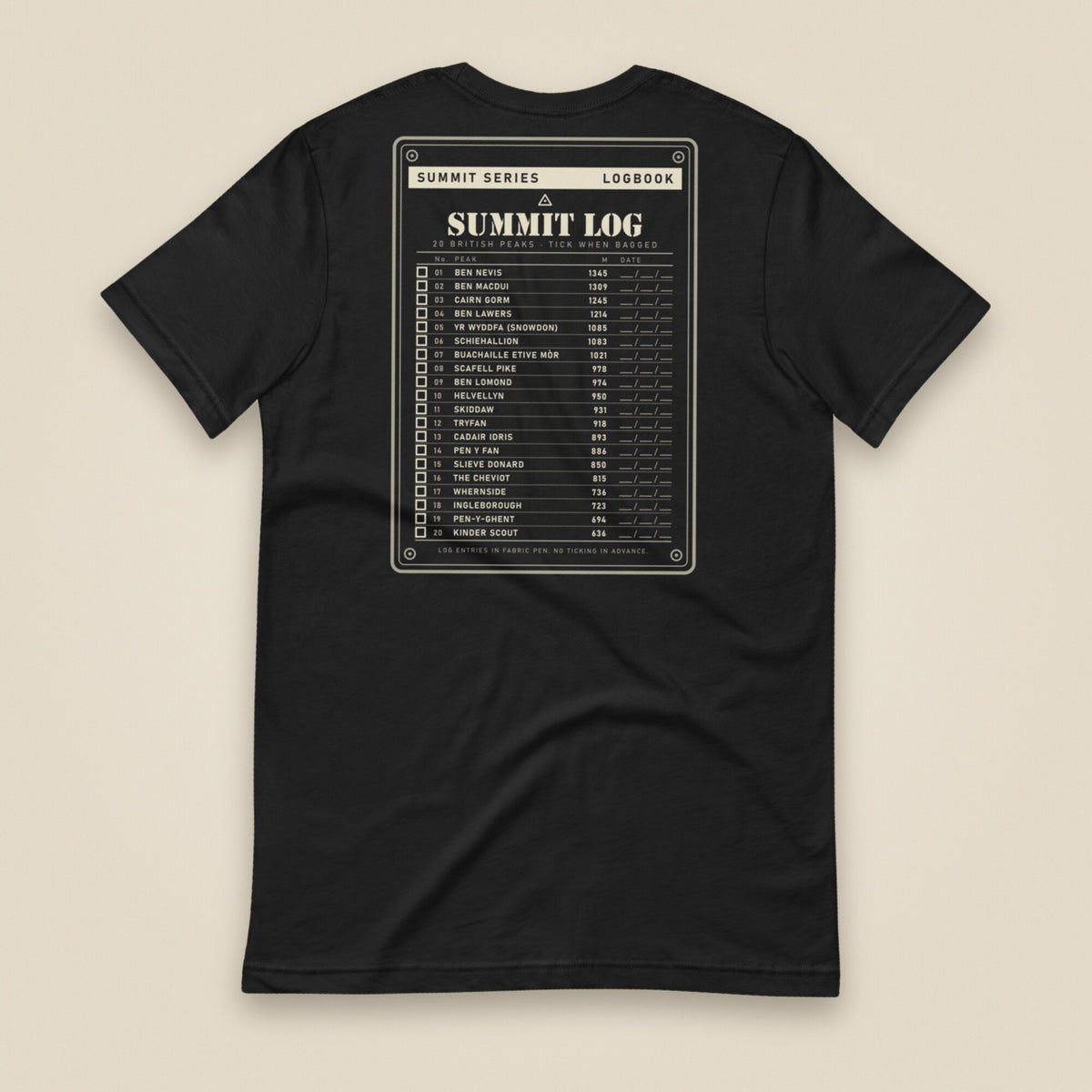 Summit Log 20 Peak Bagging Premium Double Sided T-Shirt in Vintage Black, back view