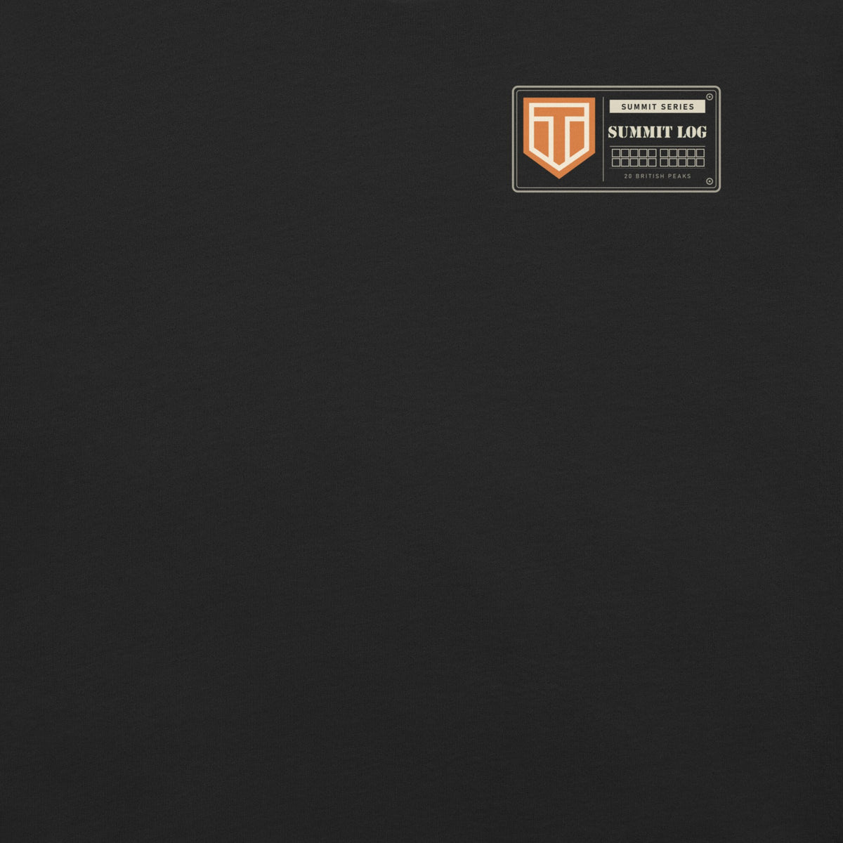 Summit Log 20 Peak Bagging Premium Double Sided T-Shirt in Vintage Black, print close-up