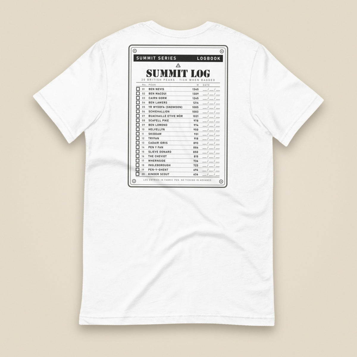 Summit Log 20 Peak Bagging Premium Double Sided T-Shirt in White, back view