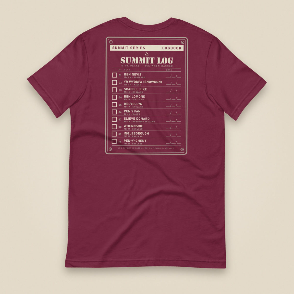 Summit Logbook 10 UK Peaks Premium Double Sided T-Shirt in Maroon, back view