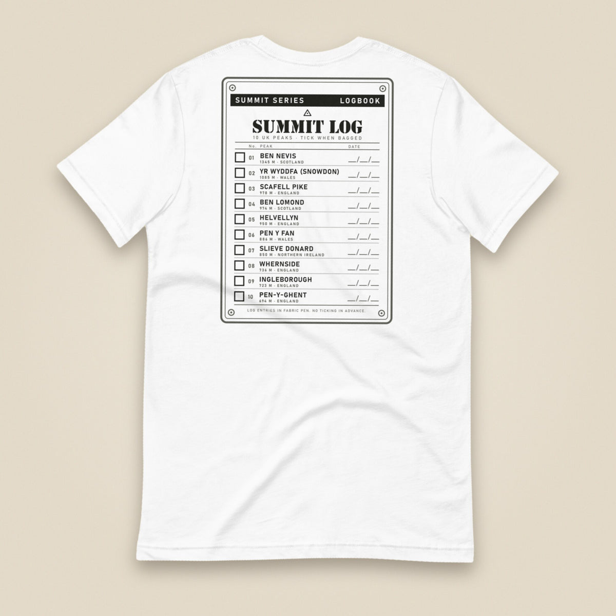 Summit Logbook 10 UK Peaks Premium Double Sided T-Shirt in White, back view