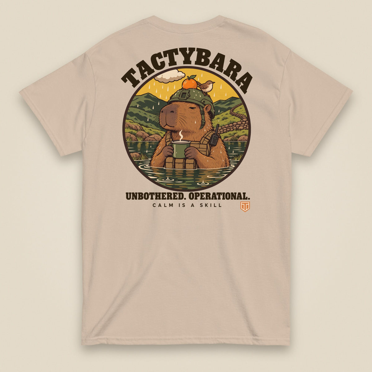 Tactybara Back Print T-Shirt in Sand, back view