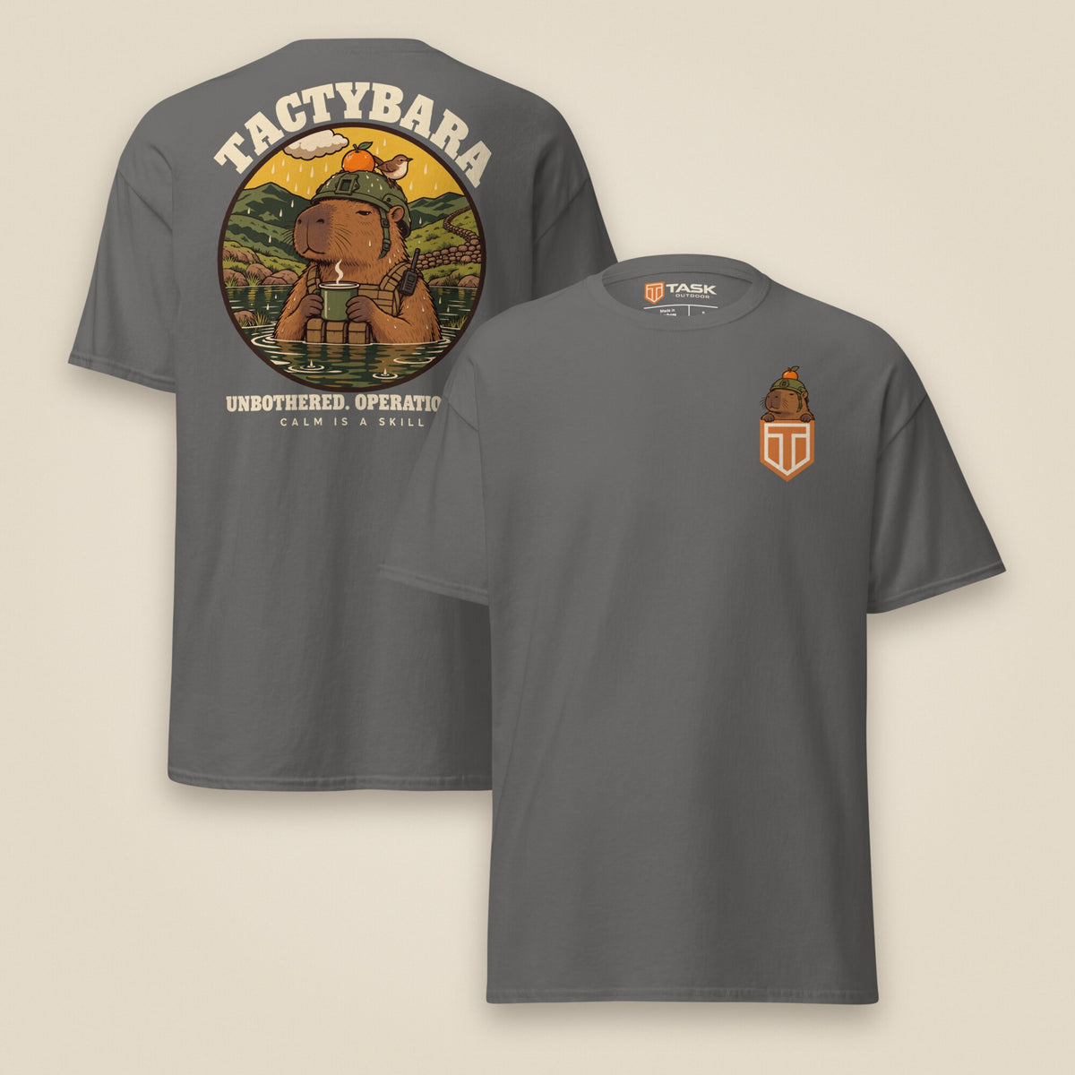 Tactybara Premium Double Sided T-Shirt in Charcoal, front and back view