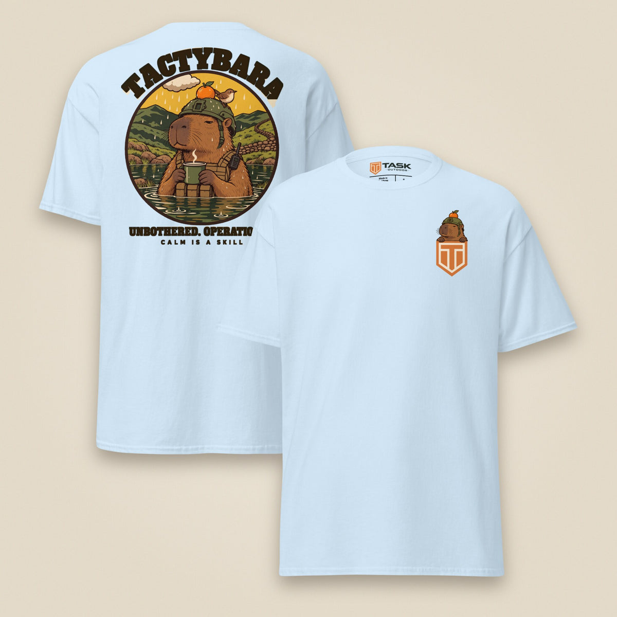 Tactybara Premium Double Sided T-Shirt in Light Blue, front and back view