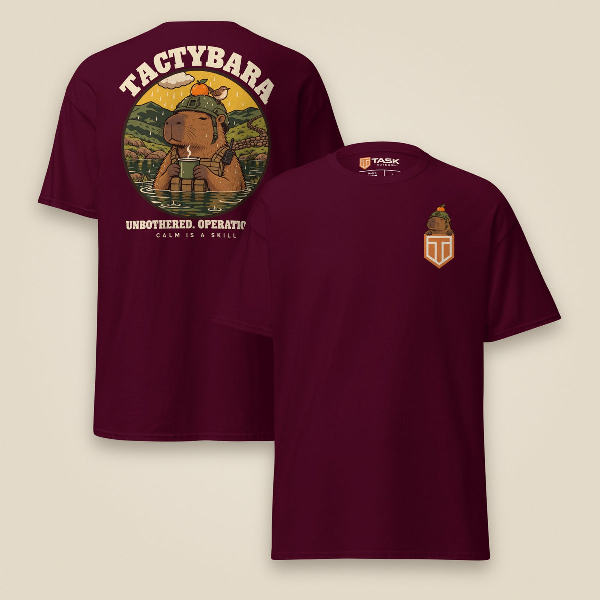 Tactybara Premium Double Sided T-Shirt in Maroon, front and back view