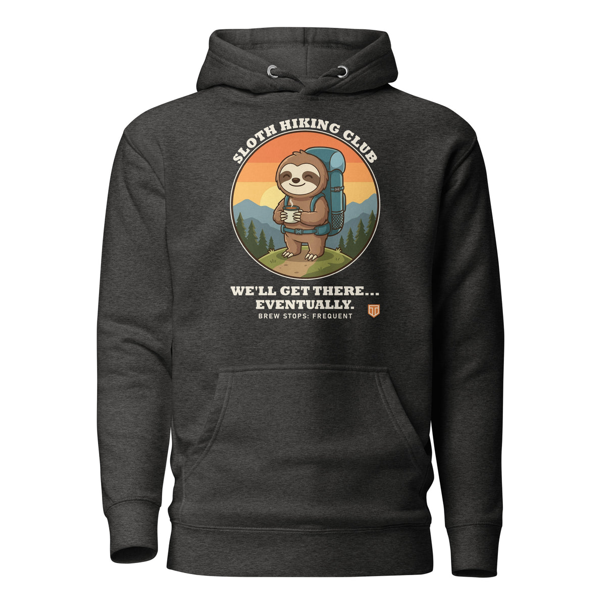 Sloth Hiking Club: Hilltop Hoodie in Charcoal Heather, full front view