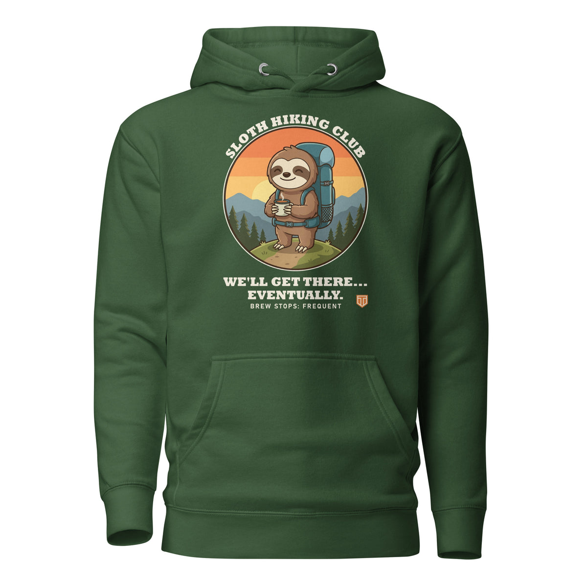 Sloth Hiking Club: Hilltop Hoodie in Forest Green, full front view